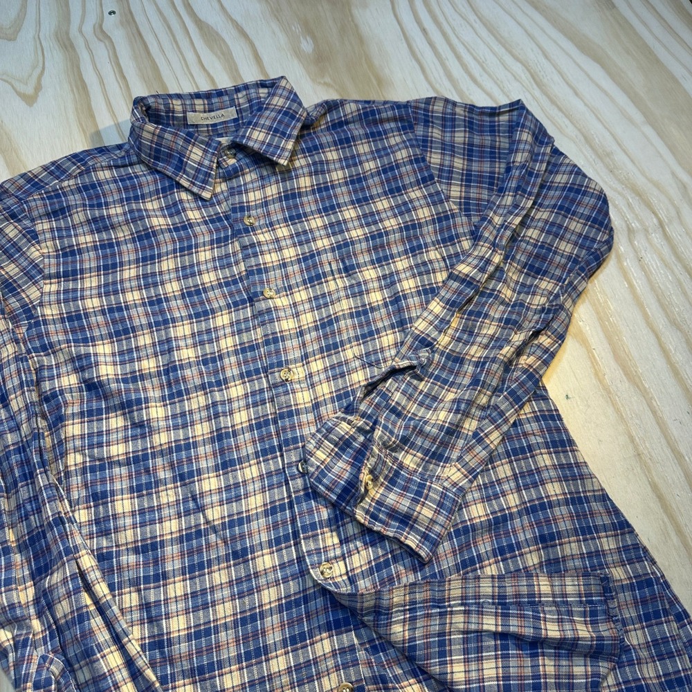 Arrow Chevella Mens Medium Blue Tan Plaid Button Down Long Sleeve Shirt